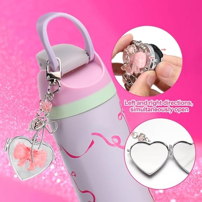 AIERSA Bow Mirror Charms for Owala Accessories, Pink Water Bottle Decorations Accessories Compatible with Owala Freesip 24oz 32oz 40oz
