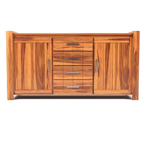 Image of Solid Sheesham Wood Wooden Sideboard Storage Cabinet & Chest of Drawer : Ideal for Living Room and Bedroom with 4 Drawers and 4-Shelf Storage (Chevalier, Honey Finish)