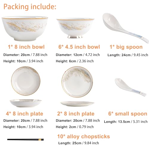Zestaw zastawy stołowej, 30 sztuk luksusowej porcelanowej zastawy stołowej dla 6 osób, nadaje się do kuchenki mikrofalowej i piekarnika, zawiera naczynia, miski do ryżu, łyżki i pałeczki