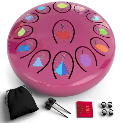 Rain Drum for Outside Garden, Steel Tongue Drum 6.8 Inch 13 Notes, Meditation Music Instrument, Meditation Outdoor, Unique and Unusual Gift Ideas, UV Printed Notes with Geometric Patterns (Pink)