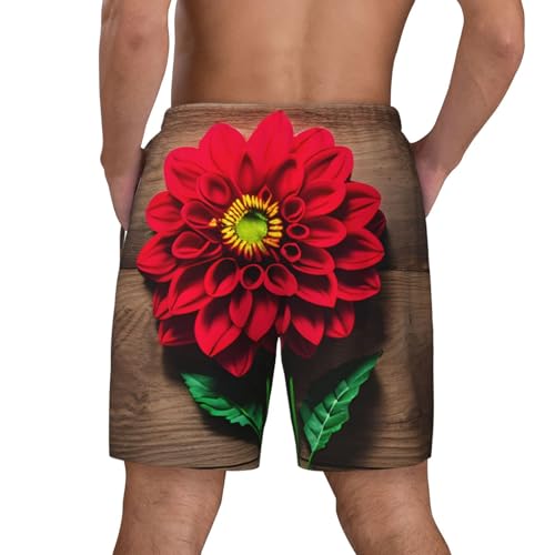 Wooden Board Retro Flower Red Dahlia Print Men's Double Layer Swim Trunks,Athletic Beach Shorts,Adjustable Drawstring Waist4
