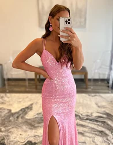 Leeskoot Sequin Prom Dress for Women Long Mermaid Spaghetti Straps Evening Gown with Slit 20233