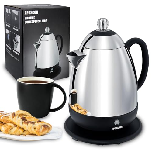 APOXCON Electric Coffee Percolator Stainless Steel Coffee Maker with Clear Brew Progress Knob and No-Drip Spout Auto Keep Warm & Cordless Serving Coffee pot with On/OFF Switch Fast Brew (10 Cup)