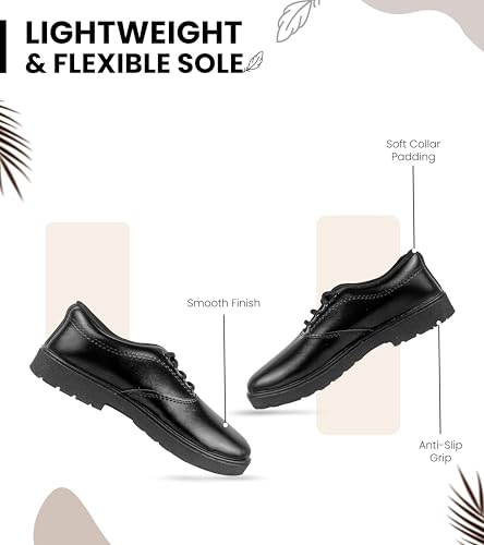 Image of GAITO Premium Black School Shoes for Boys | Synthetic Leather Upper with Durable PVC Sole & Soft EVA Insole | Comfortable, Lightweight, Non-Slip Lace-Up Uniform Shoes for Daily School Wear