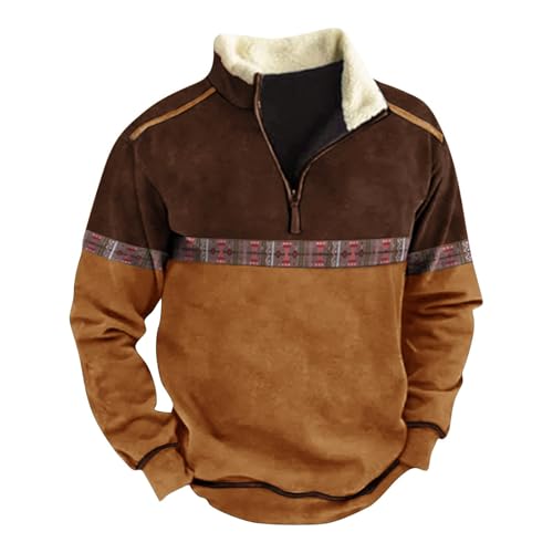 Mens Fleece Sweatshirts Quarter Zip Aztec Cowboy Western Jacket Sweatshirt Casual Stand Collar Polo Sweater Pullover