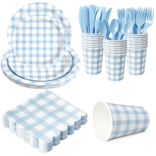LINHAXM 175 PCS Blue Gingham Party Supplies for 25 Guests Includes Light Blue Gingham Paper Plates Cups Napkins Cutlery for Dinner Wedding Bridal Shower Birthday Baby Shower Party Decorations