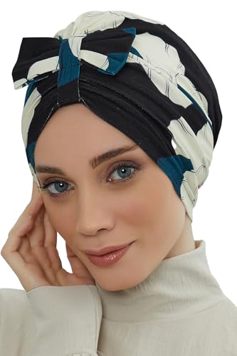 Aisha's Design Printed Instant Turban with Bow for Women, 95% Cotton Head Wrap Hats, Hijab Cap Stylish Design