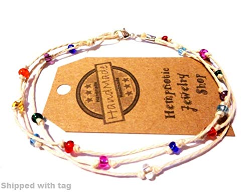 Hempnotic Jewelry Multicolor Glass Beaded Three String Hemp Anklet - Handmade #TOP1