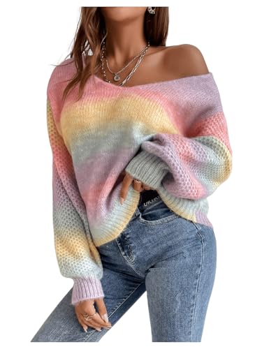 GORGLITTER Women's Oversized Rainbow Colorful Sweater Cute Chunky Long Sleeve