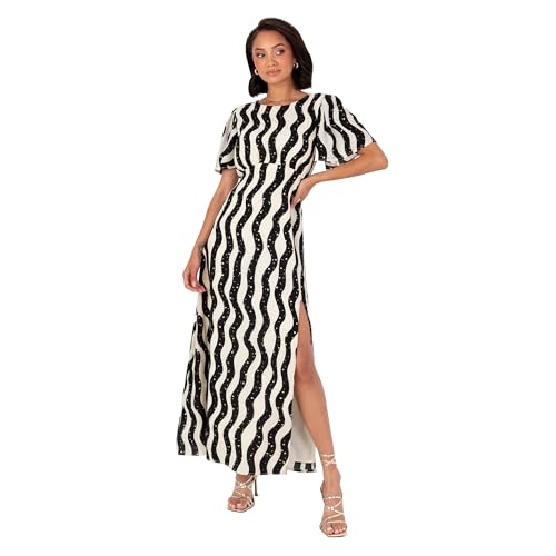 Lovedrobe Women's Midaxi Dress Ladies Round Neck Short Angel Sleeves Monochrome Wave Print Keyhole Back Elasticated Waist A-Line Vestido, Negro Y Crema, 44 para Mujer