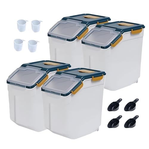 Qiveno Large Flour Storage Container Bin 25lb, 4Pack Airtight Rice Storage Containers with Wheels Seal Locking Lid, BPA Free with Measuring Cup&Scoop for Flour, Rice, Grain(Blue)