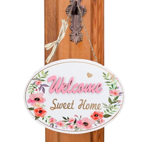 Cartel de bienvenida para puerta de casa, de madera, corona de primavera, decoración para puerta de casa, cartel con cordón para colgar, cartel impreso para puerta 'Willkommen' y 'Sweet Home