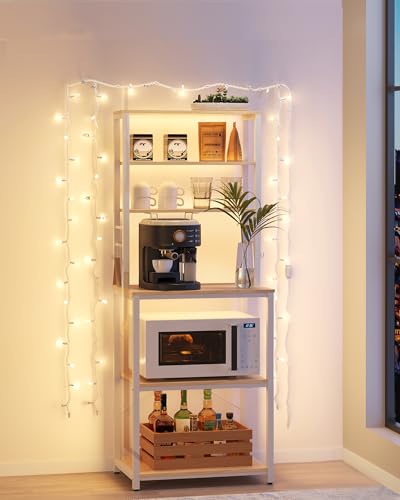 Image of VASAGLE Coffee Bar, 23.6 Inches Baker's Rack for Kitchen with Storage, 6-Tier Kitchen Shelves with 6 Hooks, Microwave Stand, Modern, Golden Oak and Cloud White UKKS024W09