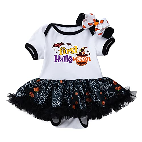 LNL Disfraces de Halloween para niñas bebés Mi primer traje de Halloween Mameluco de manga corta Falda de encaje tutú + Diadema 2 piezas Conjunto 12-24 meses Negro Cover