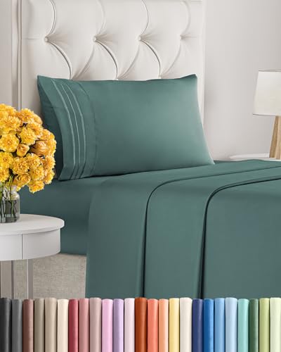 Image of Twin XL Size 3 Piece Sheet Set - Ultra Soft & Cooling Sheets - Dusty Teal | Fits 8 Inch to 16 inch Mattress, Wrinkle Free & Fade Resistant with Deep Pockets, Breathable, Comfy Hotel Luxury Bedding