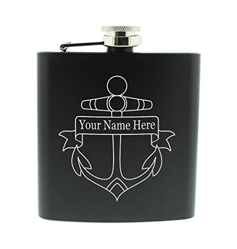 Custom Flask Nautical Boat Anchor Engraved Name Gifts Personalized 6oz Stainless Steel Hip Flask Black