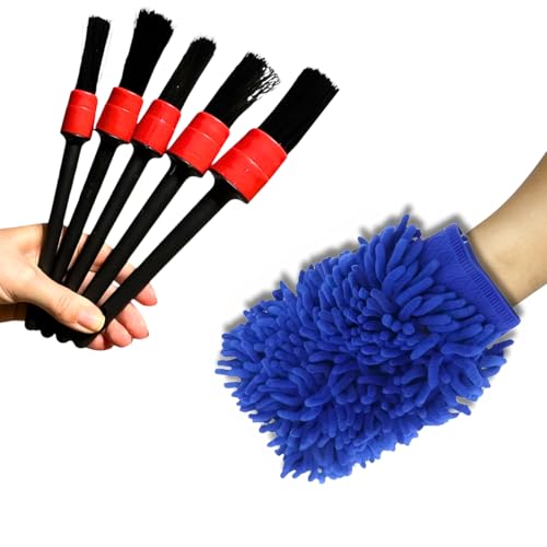 Kit 6 Peças Lavagem Automotiva com 5 Pincéis de Detalhamento Interno e Externo + Luva de Microfibra para Carro, Moto, Rodas, Painel, Motor, Estofado e Limpeza Profissional Sem Riscos CWK Tools