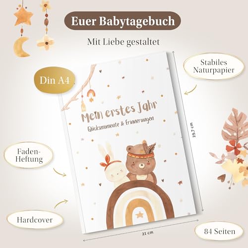 EULENTALER® Das Original Babytagebuch Boho I Von Pädagogen gestaltet I Mit süßen Waldtieren & stabilem Papier I Viel Platz für Fotos I Babyalbum Mein erstes Jahr – Geschenk zur Geburt & Babyparty 2