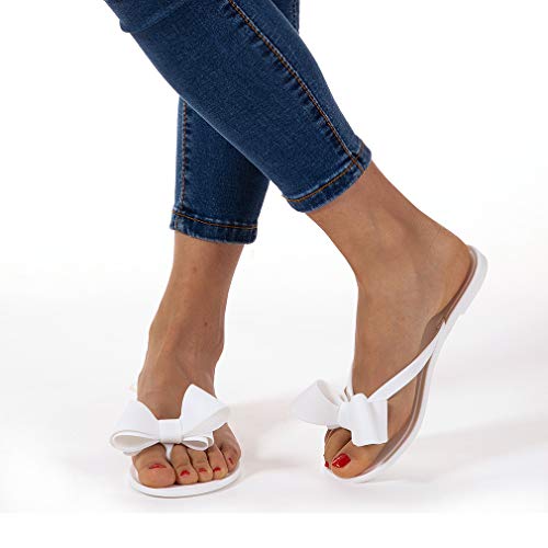 Mtzyoa Women Flip-Flops Bow Sandals Beach Flat Rivets Rain Jelly Sandals (White, Numeric_7) #TOP5