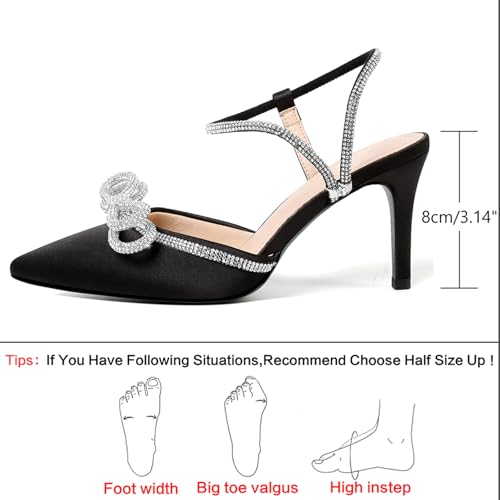 Image of Susanny Women's Closed Toe Rhinstone Wedding Low Heel Slingback Clear Kitten Heels,Adjustable Strap Pointed Toe Bow Pumps High Heeled Prom Dress Shoes