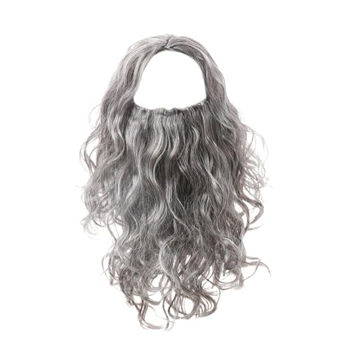 メンズウィッグとひげ、ひげ付きグレーのコスプレウィッグ - ウィッグコスプレ用のカーリーロンググレーウィッグとひげ,コスプレ用ほとんどの大人とティーンエイジャー向けの男性用ハロウィンコスチュームひげとウィッグ
