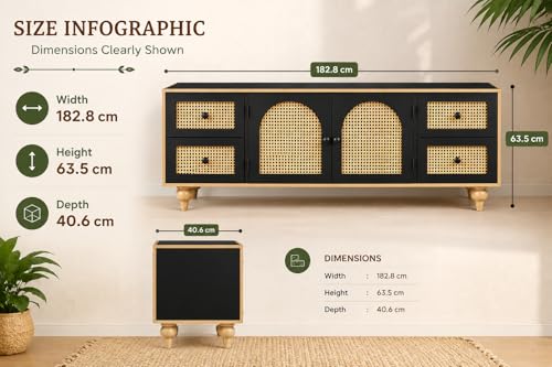 Image of Premium Solid Wood, 10 Minutes Assembly (Legs Only), Aesthetic Rattan Doors, Mid Century Entertainment Center for Living Room, TV Stand for 65 inch TV, Dark Chocolate (Black)