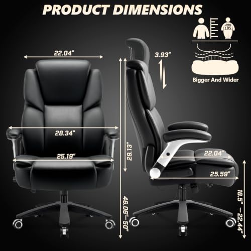 Image of Indulgear Big and Tall Office Chair,500lbs Capacity Heavy Duty Office Chair for Heavy People, High Back Executive Computer Chair with Adjustable Lumbar Support, Quiet Rubber Wheel (Flip up arm-Black)