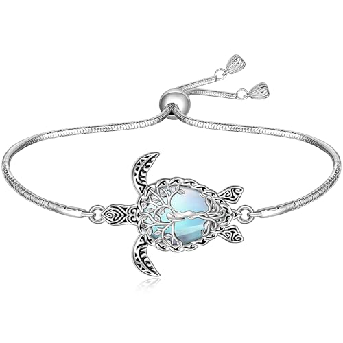 Turtle Bracelet Moonstone Tree of Life Sea Turtle Gifts for Women Sterling Silver Adjustable Beach Hawaiian Sea Jewelry Ocean Gifts
