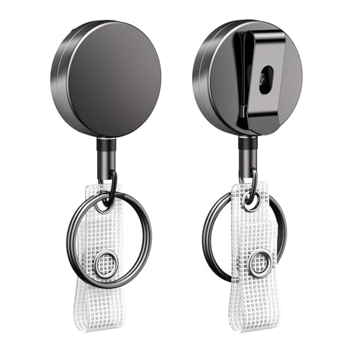 Uniclife 2 Pack Heavy Duty Metal Retractable Badge Reel for Badge Holder Retractable Keychain All Metal Casing with Stainless Steel Spring Coil 23.6 Inch Nylon Rope Belt Clip and Key Ring
