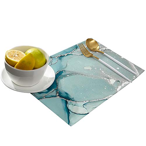 Marble Placemats Set Of 4 - Aqua Teal Table Place Mats, Holiday Heat Resistant Washable Table Mats For Kitchen Dining Table Home Decoration, 12''X18'' #TOP1