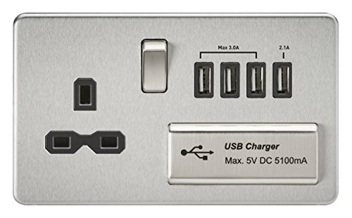 Authentic Crazy Deals Knightsbridge SFR7USB4BC Screwless 1G 13A Switched Socket with Quad USB Charger 5V Dc 5.1A-Brushed Chrome with Black Insert, Silver