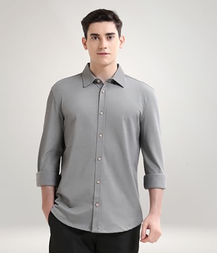 Image of TURMS Men's Solid Knitted Shirts, Odor Control, Stretchable & Breathable, Cotton Blend, Tailored Fit, Full Sleeve