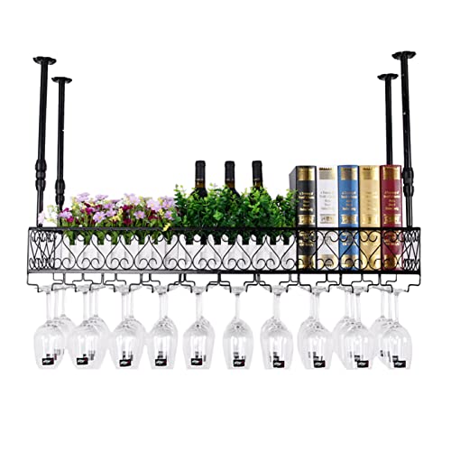 Adjustable Wine Enthusiast Iron Hanging Wine Glass Rack for Kitchen Dining Room Bar, Wine Glass Holder Under Cabinet, Matte Black Metal Wine Rack Plants Photos Display Shelf