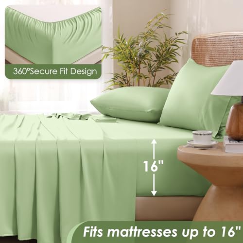 Image of MICORAL Queen Sheet Set, Rayon Derived from Bamboo Cooling Sheets for Queen Size Bed Set, Breathable & Soft, Deep Pocket Up to 16 inch, Hotel Luxury Silky Bedding for Hot Sleepers, Sage Green