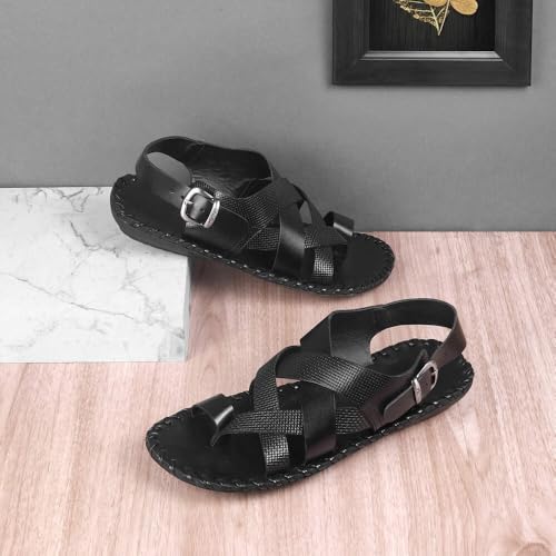 Image of Metro Men's Cross Strap Textured Leather Cushioned Casual Sandals