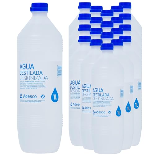 Adesco, Agua destilada 20L., agua desionizada, agua para plancha, maquinas, uso hospitalario, tatoo. (20 L)