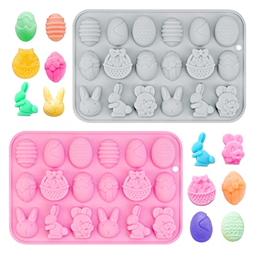Qpout 2PCS Moules En Silicone De Pâques Moule À Chocolat, Oeuf De Pâques Lapin Moules De Cuisson Antiadhésifs Moule À Bonbons pour Enfants Fête De Pâques DIY Gâteau Au Chocolat Fournitures De Fête