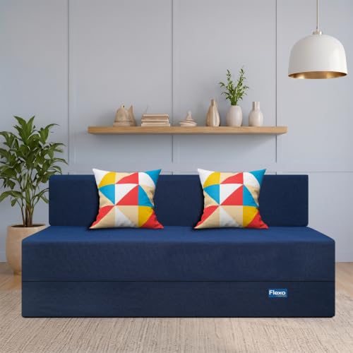 Image of Starlon 3 Seater Foldable Sofa Cum Bed 3-in-1 with 2 Geometrical Pattern Pillows, Washable Jute Fabric Cover, Space Saving Guest Bed, Pre-Assembled Navy Blue 5x6.5 Ft
