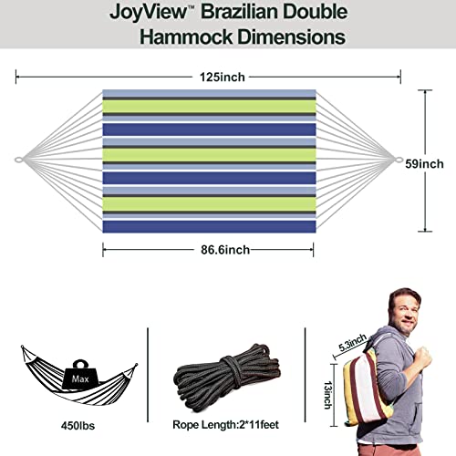 Image of JoyView Brazilian Double Hammock with Hanging Ropes Extra Large 86.6x59 inch Portable Cotton Hammock for Patio Backyard Porch 450LBS Weight Capacity Perfect for Outdoor /Indoor - Blue & Green Stripes