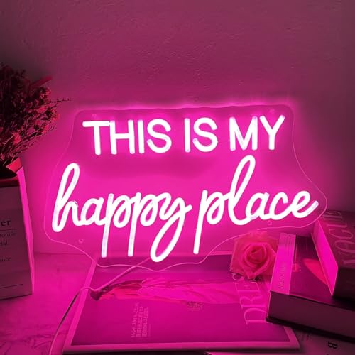 Image of This is My Happy Place Neon Sign Pink LED Letter Neon Light Teen Girls Room Decor, Happy Place Light Up Sign for Bedroom Home College Dorm Game Room Decor, USB Powered with Dimmable Switch