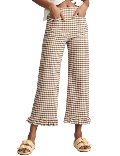 Women's Plaid Flare Pants Summer Casual Gingham Elastic Waist Ruffle Cropped Hem Y2K Loose Fit Trousers with Pockets