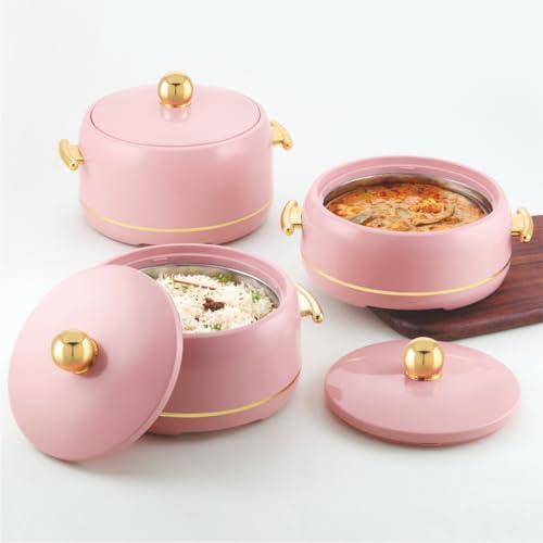 Image of Modware Atlantis Casserole Set of 3-1500ml /2000ml /2500ml Elegant Design Premium Hot Pot, Retains Temperature for Hours, Insulated Inner Steel Casserole for Roti Hot Box for Home Chapati Box (Pink)