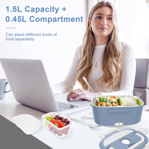 Image of Electric Heated Lunch Boxes Adults: 80W Electric Lunch Box Food Heated 12 /24 /110V 1.5L Heatable Lunch Box for Car /Truck /Office Leak-Proof Stainless Steel Container,Fork & Spoon,Bag (Light Blue+White)