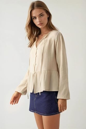 Hiccup Crew Neck Long Sleeve Woven Muslin Blouse3