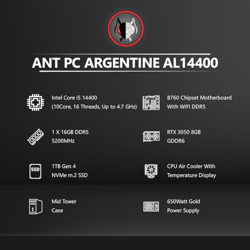Image of Ant PC Gaming Pc Argentine AL14400 Core i5 14400 |B760 Chipset WiFi + Bluetooth|16GB DDR5 5200Mhz | RTX 3050 8GB |1TB M.2 Nvme SSD|120MM Fan CPU Cooler|Mid Tower RGB Cabinet |Windows 11 Home Trial