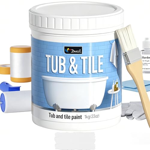 DWIL Tub Paint, Tub and Tile Refinishing Kit 33oz with Tools, Tile Refinishing Kit White Bathtub Paint Water Based &Low Odor, Easy to Use Sink for Bathroom Kitchen, Semi-Gloss White, 50-55sq.ft