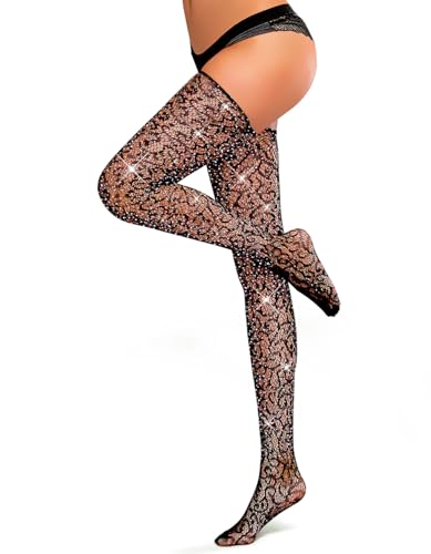 Image of FANCAME Womens Sparkle Thigh High Stockings Patterned Floral Black Stockings Rhinestone Stay Ups Socks Tights