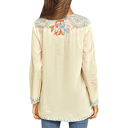 Lauraklein Mexican Shirts For Women Summer Casual Embroidered Tops Ladies Button Down Tops Peasant Tunic Loose Blouse Yellow #TOP2