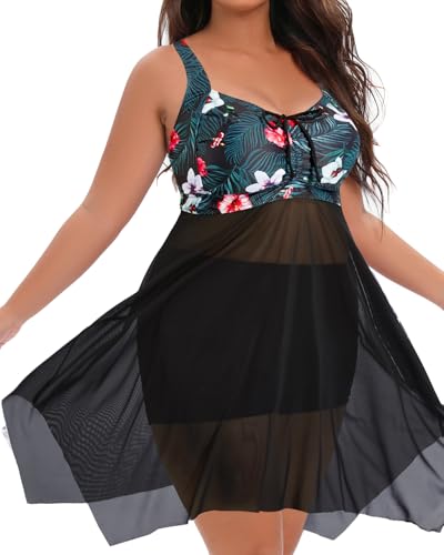Image of Daci Plus Size Two Piece Swim Dress with Shorts for Women Mesh Swimsuits Flowy Bathing Suits
