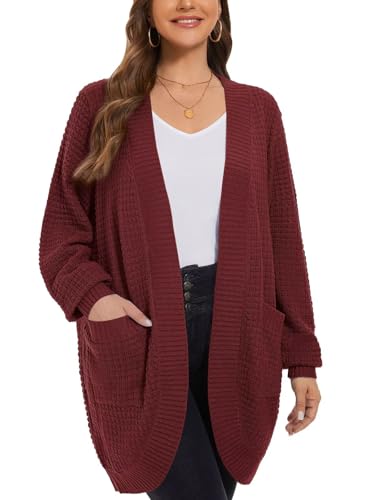 Image of LARACE Long Cardigans for Women Plus Size Tops Open Front Sweaters with Pockets Waffle Ribbed Sleeve Loose Fall Outwear